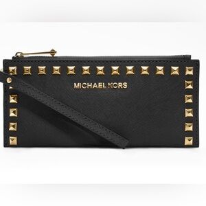 Michael Kors Womens Saffiano Leather Stud Long Zip Clutch with gold tone studs.